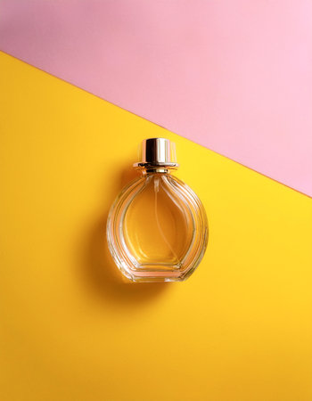 Bottle of perfume in air, isolated on a Yellow and Pink Pastel Backgroundの写真素材