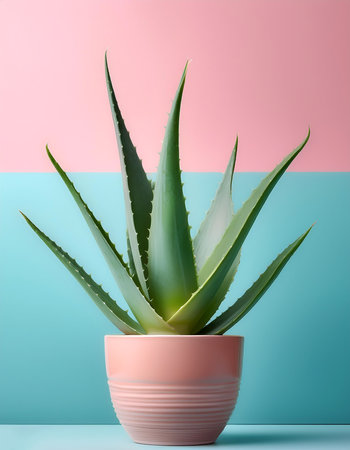 Aloe vera in pot, isolated on a soft blue and Pink Pastelの写真素材