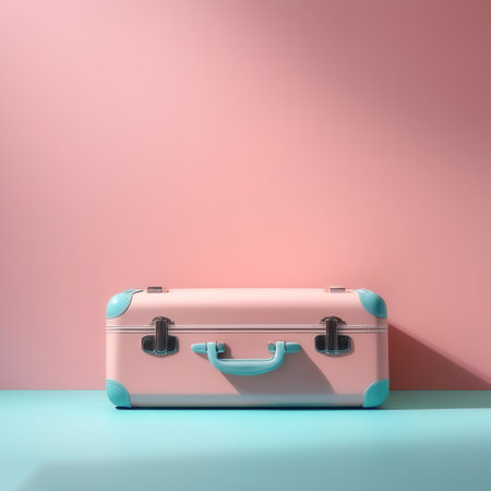 Classic suitcase, isolated on a soft blue and Pink Pastelの写真素材