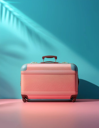 Classic suitcase, isolated on a soft blue and Pink Pastelの写真素材