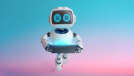Ai robot using tablet floating or flying, isolated on a soft blue and Pink Pastel