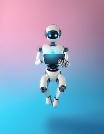 Ai robot using tablet floating or flying, isolated on a soft blue and Pink Pastelの写真素材