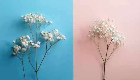 Gypsophila dry little white flowers light macro, isolated on a soft blue and Pink Pastelの写真素材