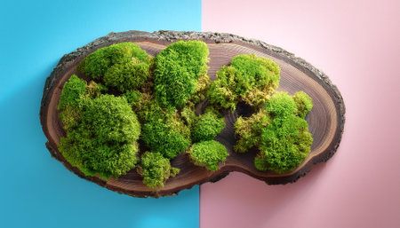 Green moss on tree rotten stump, isolated on a soft blue and Pink Pastelの写真素材