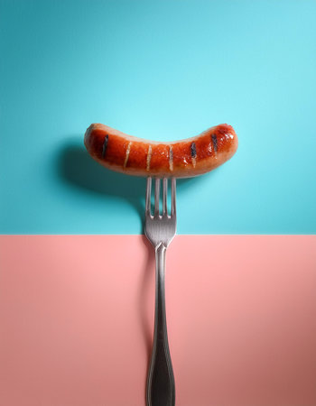 Grilled sausages on a fork, isolated on a soft blue and Pink Pastelの写真素材
