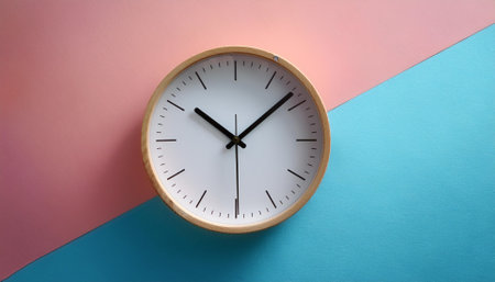 Minimalist style wall clock, showing time at 10:00, isolated on a soft blue and Pink Pastelの写真素材