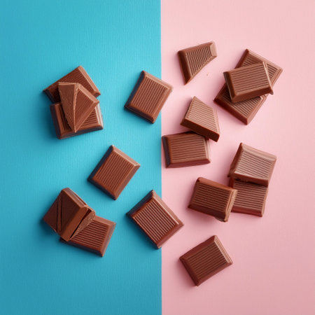 Milk chocolate pieces, isolated on a soft blue and Pink Pastelの写真素材