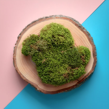 Green moss on tree rotten stump, isolated on a soft blue and Pink Pastelの写真素材