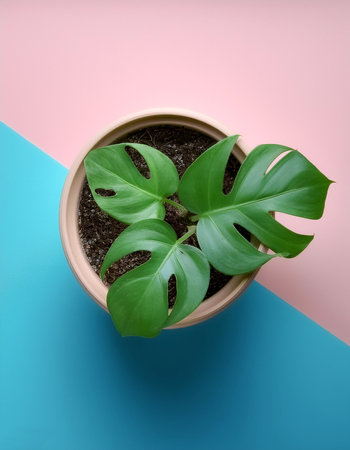 Monstera deliciosa plant in a pot, isolated on a soft blue and Pink Pastelの写真素材