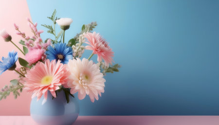 Fresh flowers in a simple vase, isolated on a soft blue and Pink Pastelの写真素材