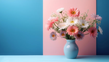 Fresh flowers in a simple vase, isolated on a soft blue and Pink Pastelの写真素材