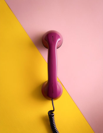 Magenta telephone handset, isolated on a Yellow and Pink Pastel Background