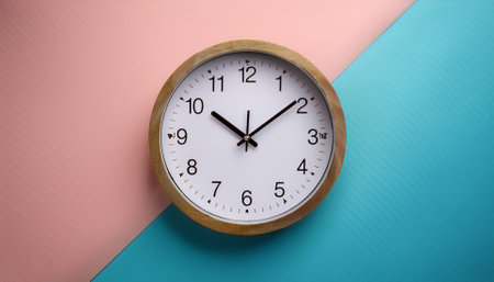 Minimalist style wall clock, showing time at 10:00, isolated on a soft blue and Pink Pastelの写真素材