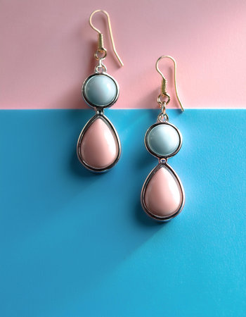 Simple earrings, isolated on a soft blue and Pink Pastelの写真素材