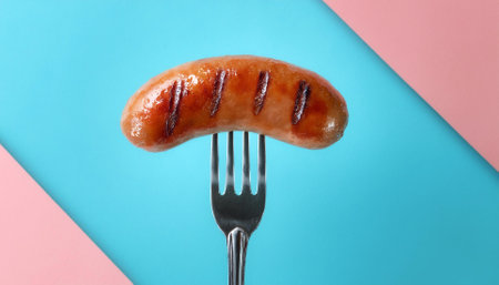 Grilled sausages on a fork, isolated on a soft blue and Pink Pastelの写真素材