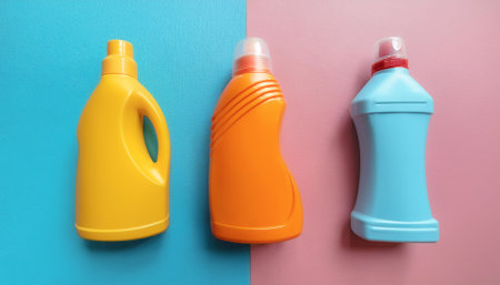 Laundry Detergent yellow, orange Plastic Bottle for Mock-up, isolated on a Soft blue and Pink Pastelの写真素材