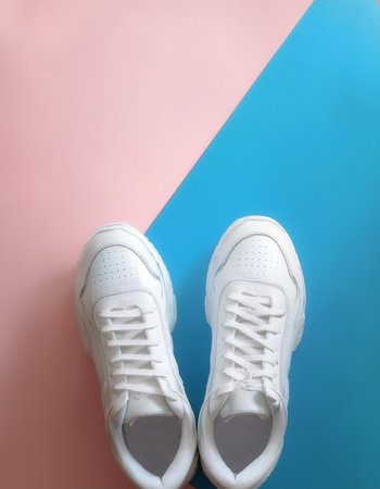 Plain white sneakers with minimalist design, sneakers, isolated on a soft blue and Pink Pastelの写真素材