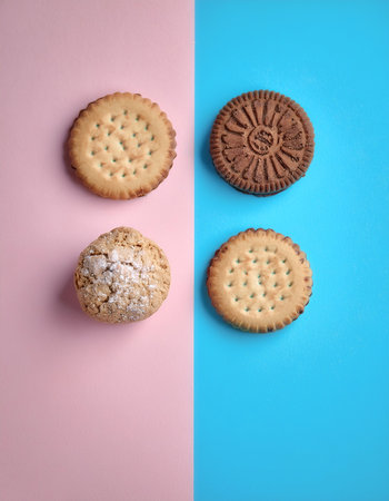 Set of different cookies, isolated on a soft blue and Pink Pastelの写真素材