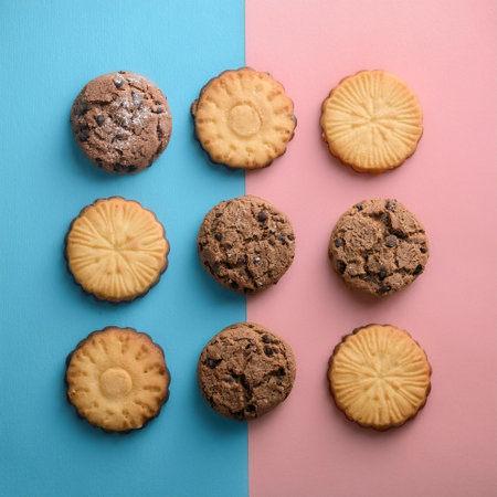 Set of different cookies, isolated on a soft blue and Pink Pastelの写真素材