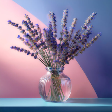 Lavender flowers in a glass vase, isolated on a soft blue and Pink Pastelの写真素材