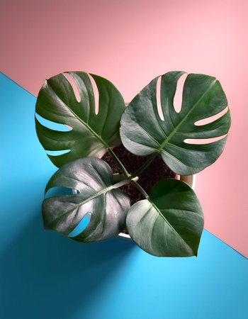 Monstera deliciosa plant in a pot, isolated on a soft blue and Pink Pastelの写真素材