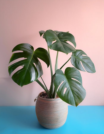 Monstera deliciosa plant in a pot, isolated on a soft blue and Pink Pastelの写真素材