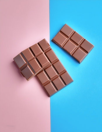Milk chocolate pieces, isolated on a soft blue and Pink Pastelの写真素材