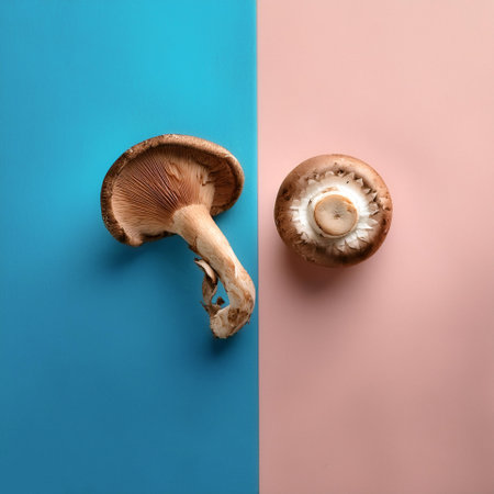 Shiitake and portobello mushrooms lie, isolated on a soft blue and Pink Pastelの写真素材