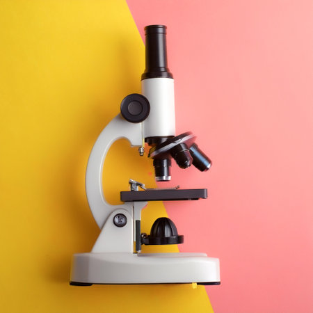 microscope, isolated on a Yellow and Pink Pastelの写真素材
