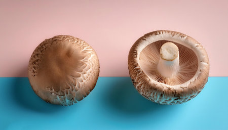 Shiitake and portobello mushrooms lie, isolated on a soft blue and Pink Pastelの写真素材