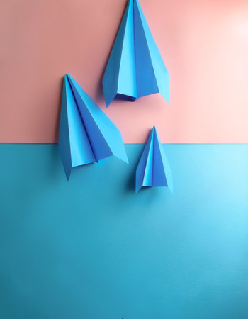 blue paper planes, isolated on a soft blue and Pink Pastel