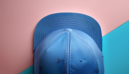 Stylish blue baseball cap, isolated on a soft blue and Pink Pastelの写真素材