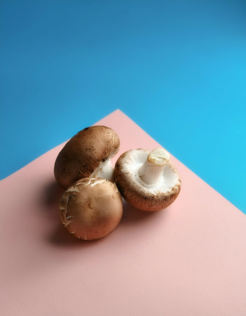 Shiitake and portobello mushrooms lie, isolated on a soft blue and Pink Pastelの写真素材