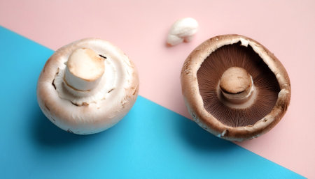 Shiitake and portobello mushrooms lie, isolated on a soft blue and Pink Pastelの写真素材