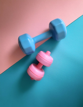 dumbbells, isolated on a Soft blue and Pink Pastelの写真素材