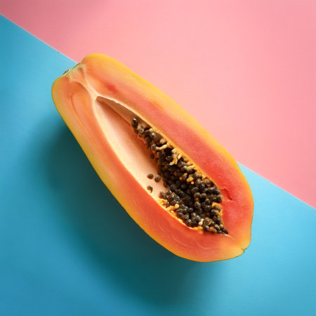 papaya fruit isolated on a soft blue and Pink Pastelの写真素材