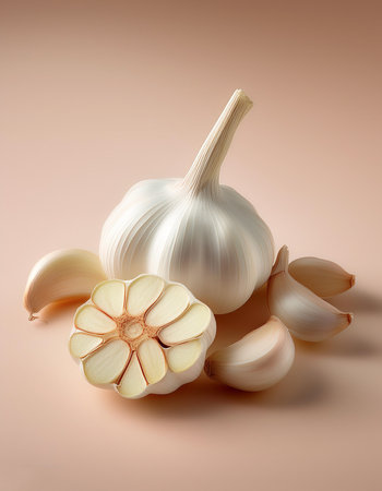White Garlic vegetables, isolated on a pastelの写真素材