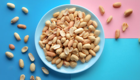 peanuts slices, isolated on a soft blue and Pink Pastelの写真素材