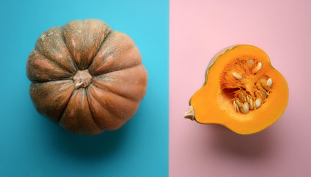 pumpkin Whole and sliced, isolated on a soft blue and Pink Pastelの写真素材