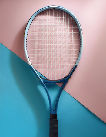 tennis racket, isolated on a soft blue and Pink Pastelの写真素材