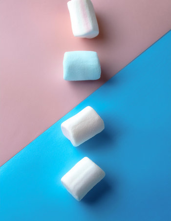 marshmallows, isolated on a soft blue and Pink Pastel