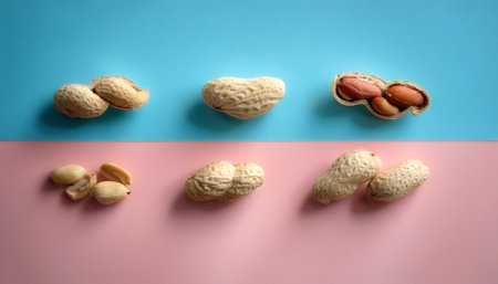 peanuts slices, isolated on a soft blue and Pink Pastelの写真素材