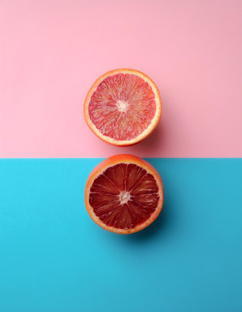 red blood orange, isolated on a soft blue and Pink Pastelの写真素材