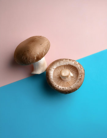 Shiitake and portobello mushrooms lie, isolated on a soft blue and Pink Pastelの写真素材