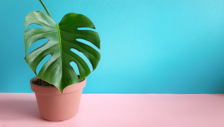 Monstera deliciosa plant in a pot, isolated on a soft blue and Pink Pastelの写真素材