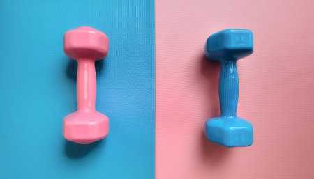 dumbbells, isolated on a Soft blue and Pink Pastelの写真素材
