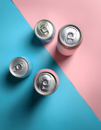 cold drink cans, isolated on a soft blue and pink pastel