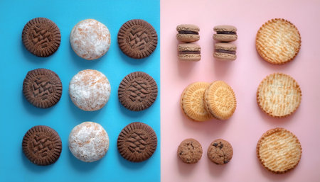 Set of different cookies, isolated on a soft blue and Pink Pastelの写真素材