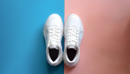 Plain white sneakers with minimalist design, sneakers, isolated on a soft blue and Pink Pastelの写真素材