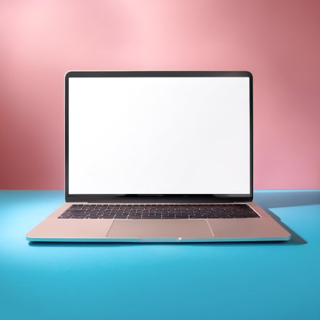 Laptop with white screen display mock-up, isolated on a soft blue and Pink Pastelの写真素材
